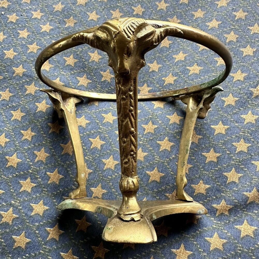 Vintage Solid Brass Plant Stand, Crystal Ball Stand, Bowl, Ram Head Tripod. Boho